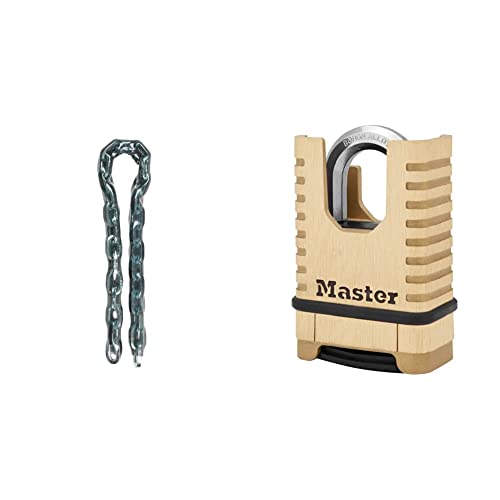 Master Lock 8020EURD + M1177EURDCC 150 cm Kette aus gehärtetem Stahl + Hochleistungsvorhängeschloss aus Massivmessing von Master Lock