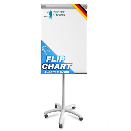 MOB Flipchart Piranha Whiteboard fahrbar mit Rollenfuss Ständer 67x105cm | Höhenverstellbar bis 210cm, Beschreibbar, Trocken abwischbar, magnetisch | Flip Chart mit Magnettafel rollbar & Seitenarmen von Master of Boards