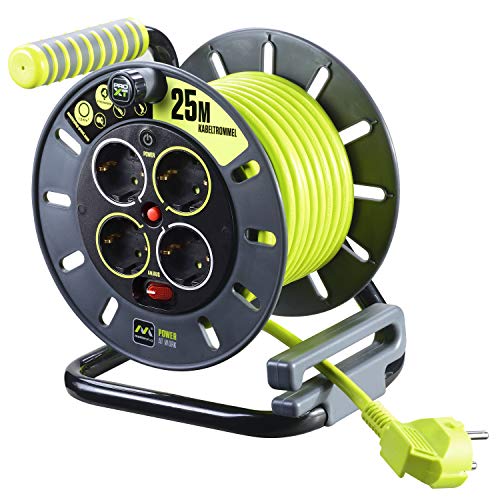 Masterplug Pro-XT Kabeltrommel Verlängerungskabel mit 4 Steckdosen, Wickelkurbel, Thermoschutz und Netzschalter, 25 Meter gut sichtbares Kabel von Masterplug