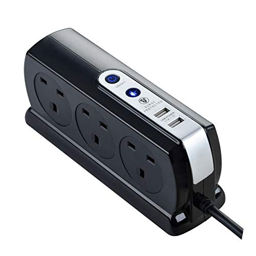 Masterplug SRGDSU62PB-MP Verlängerungskabel mit sechs Steckdosen, geschaltet, Überspannungsschutz, mit Zwei USB-Ladeanschlüssen, 2 m, Schwarz glänzend, 6,2 x 8,7 x 20,6 cm von Masterplug