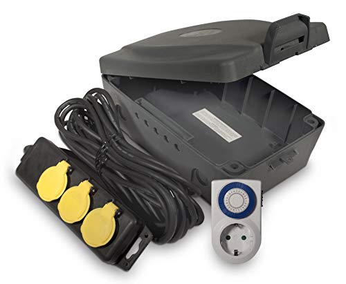 Masterplug Wetterfeste Box für den Außenbereich mit 8 Meter Verlängerungskabel und 3 Steckdosen incl. Zeitschaltuhr von Masterplug