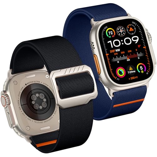 Mastten 2 Stück Sport Solo Loop Kompatibel mit Apple Watch Ultra/Ultra 2 Armband 49mm 45mm 44mm 42mm Herren, 28mm Elastisch Nylon Verstellbare Armbänder für iWatch Ultra Series 9 8 7 6 SE 5 4 3 2 1 von Mastten