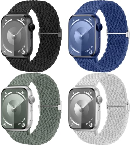 Mastten 4 Stück Geflochtenes Armbänder Kompatibel mit Apple Watch Armband 40mm 41mm 38mm Damen Herren, Elastisches Nylon Stoff Armband-Sport Solo Loop Band für iWatch SE 9 8 7 6 5 4 3 2 1 von Mastten