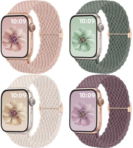 Mastten 4 Stück Geflochtenes Armbänder Kompatibel mit Apple Watch Armband 45mm 44mm 42mm 49mm, Elastisches Nylon Stoff Armband-Sport Solo Loop Band für iWatch SE 9 8 7 6 5 4 3 2 1 Ultra von Mastten