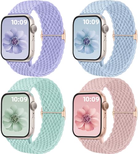 Mastten 4 Stück Geflochtenes Armbänder Kompatibel mit Apple Watch Armband 45mm 44mm 42mm 49mm, Elastisches Nylon Stoff Armband-Sport Solo Loop Band für iWatch SE 9 8 7 6 5 4 3 2 1 Ultra von Mastten