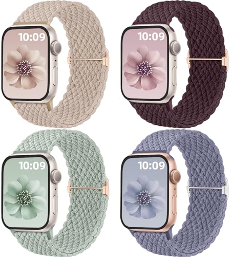 Mastten 4 Stück Geflochtenes Armbänder Kompatibel mit Apple Watch Armband 45mm 44mm 42mm 49mm, Elastisches Nylon Stoff Armband-Sport Solo Loop Band für iWatch SE 9 8 7 6 5 4 3 2 1 Ultra von Mastten