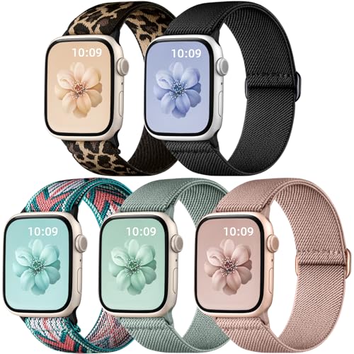 Mastten 5 Stück Nylon Elastisches Armband Kompatibel mit Apple Watch Armband 40mm 41mm 38mm für Damen Herren, Sport Geflochtenes Dehnbar Loop Armband für iWatch Series 9 8 7 6 5 4 3 2 1 von Mastten