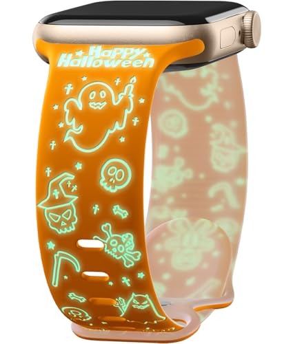 Mastten Armband Halloween-Gespenst Kompatibel mit Apple Watch Armband 38mm 40mm 41mm 42mm 44mm 45mm 49mm, Weiches Silikon Band für iWatch Series 9 SE 8 7 6 5 4 3 2 1, Halloween-Gespenst Gravur Armband von Mastten