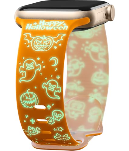 Mastten Armband Halloween-Kürbisse Kompatibel mit Apple Watch Armband 38mm 40mm 41mm 42mm 44mm 45mm 49mm, Weiches Silikon Band für iWatch Series 9 SE 8 7 6 5 4 3 2 1, Halloween-Kürbis Gravur Armband von Mastten