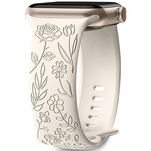 Mastten Armband mit Rosenblumengravur Kompatibel mit Apple Watch Armband 38mm 40mm 41mm für Damen, Weiches Silikon Elegantes Blumenmuster Armband für iWatch Series 9 SE 8 7 6 5 4 3 2 1, Polarstern von Mastten