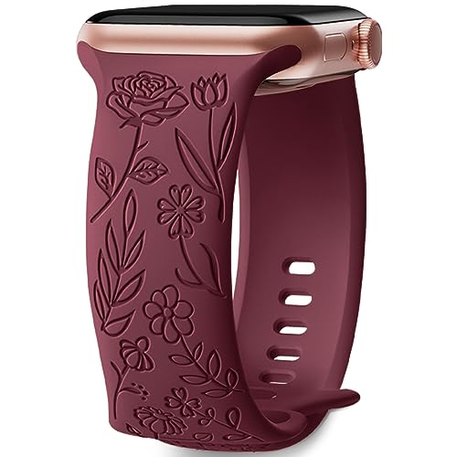 Mastten Armband mit Rosenblumengravur Kompatibel mit Apple Watch Armband 38mm 40mm 41mm für Damen, Weiches Silikon Elegantes Rosen Blumenmuster Armband für iWatch Series 9 SE 8 7 6 5 4 3 2 1, Weinrot von Mastten