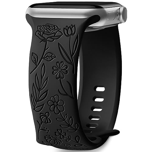 Mastten Armband mit Rosenblumengravur Kompatibel mit Apple Watch Armband 38mm 40mm 41mm für Damen, Weiches Silikon Elegantes Rosen Blumenmuster Armband für iWatch Series 9 SE 8 7 6 5 4 3 2 1, Schwarz von Mastten