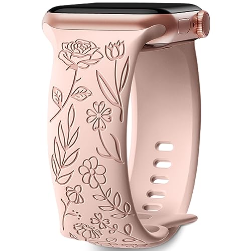 Mastten Armband mit Rosenblumengravur Kompatibel mit Apple Watch Armband 38mm 40mm 41mm für Damen, Weiches Silikon Elegantes Rosen Blumenmuster Armband für iWatch Series 9 SE 8 7 6 5 4 3 2 1, Rosa von Mastten