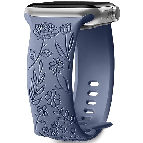 Mastten Armband mit Rosenblumengravur Kompatibel mit Apple Watch Armband 42mm 44mm 45mm 49mm, Weiches Silikon Elegantes Rosen Blumenmuster Armband für iWatch Series 9 SE 8 7 6 5 4 3 2 1, Blau Grau von Mastten