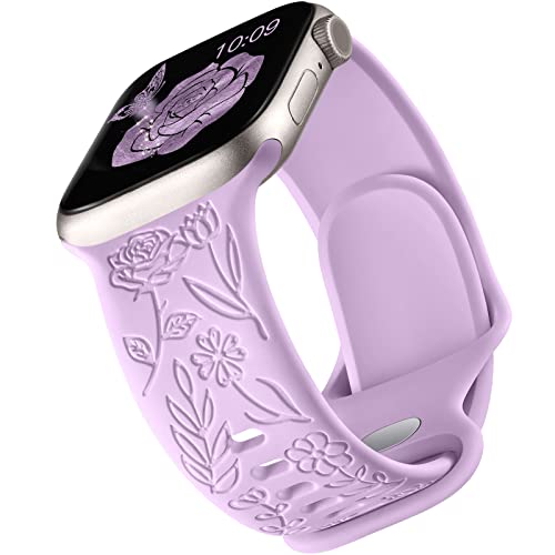 Mastten Armband mit Rosenblumengravur Kompatibel mit Apple Watch Armband 42mm 44mm 45mm 49mm, Weiches Silikon Elegantes Rosen Blumenmuster Armband für iWatch Series 9 SE 8 7 6 5 4 3 2 1, Lavendel von Mastten