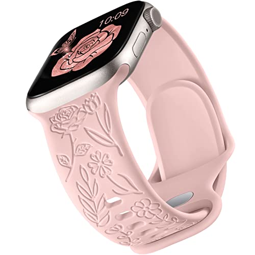 Mastten Armband mit Rosenblumengravur Kompatibel mit Apple Watch Armband 42mm 44mm 45mm 49mm, Weiches Silikon Elegantes Rosen Blumenmuster Armband für iWatch Series 9 SE 8 7 6 5 4 3 2 1, Rosa von Mastten