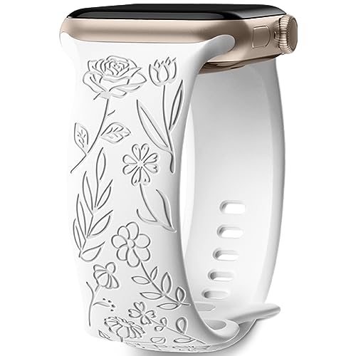 Mastten Armband mit Rosenblumengravur Kompatibel mit Apple Watch Armband 42mm 44mm 45mm 49mm, Weiches Silikon Elegantes Rosen Blumenmuster Armband für iWatch Series 9 SE 8 7 6 5 4 3 2 1, Weiß von Mastten