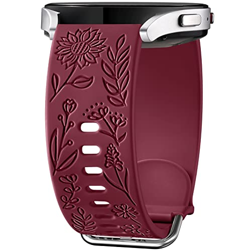 Mastten Blume Gravierte Armband Kompatibel mit Samsung Galaxy Watch 4/Watch 5/Watch 6 40mm 44mm, 20mm Weich Sport Silikon Ersatzarmband für Galaxy Watch Active 2/Watch 3 41mm/5 Pro/6 Classic, Weinrot von Mastten