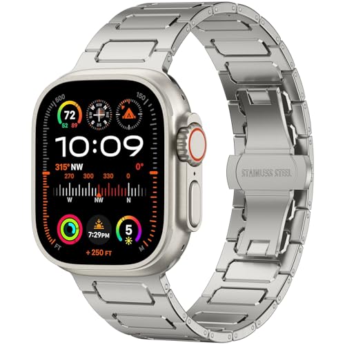 Mastten Metallarmband Kompatibel mit Apple Watch Ultra 2 Armband 49mm 46mm 45mm 44mm 42mm(Series 3 2 1), Edelstahl Ersatzarmband für iWatch Ultra SE Series 10 9 8 7 6 5 4 3 2 1, Titan von Mastten