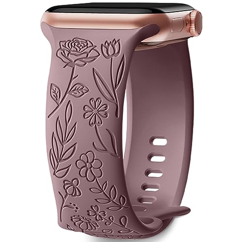 Mastten Rosenblumengravur Armband Kompatibel mit Apple Watch Armband 42mm 44mm 45mm 49mm, Weiches Silikon Elegantes Blumenmuster Armband für iWatch Ultra/Series 9 8 7 6 5 4 3 2 1 SE, RauchViolett von Mastten