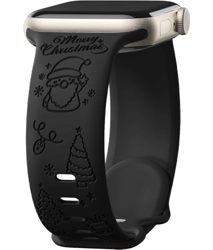 Mastten Weihnachten Armband Kompatibel mit Apple Watch Armband 38mm 40mm 41mm 42mm 44mm 45mm 49mm, Weiches Silikon Band für iWatch Series 9 SE 8 7 6 5 4 3 2 1, Weihnachten Gravur Armband, Schwarz von Mastten