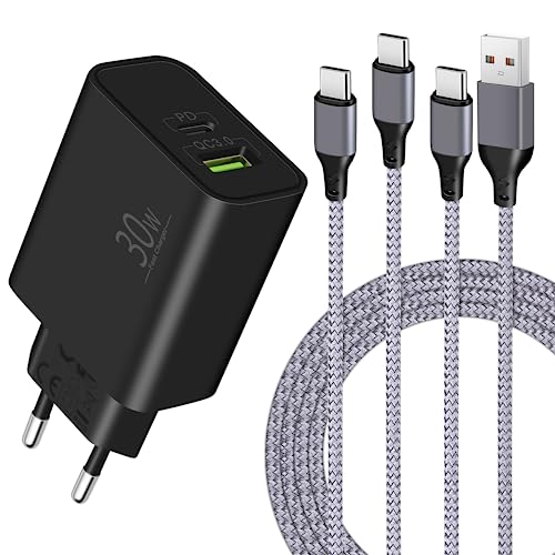 MatauMahi 30W USB C Ladegerät mit 2x 2m Typ C Ladekabel, 2-Port Netzteil/Stecker und Kabel, Schnellladegerät/Adapter mit PD/QC, Kompatibel mit iPhone 15 Pro/Max/iPad/Samsung S24/S23/Google Pixel 8/7/6 von MatauMahi