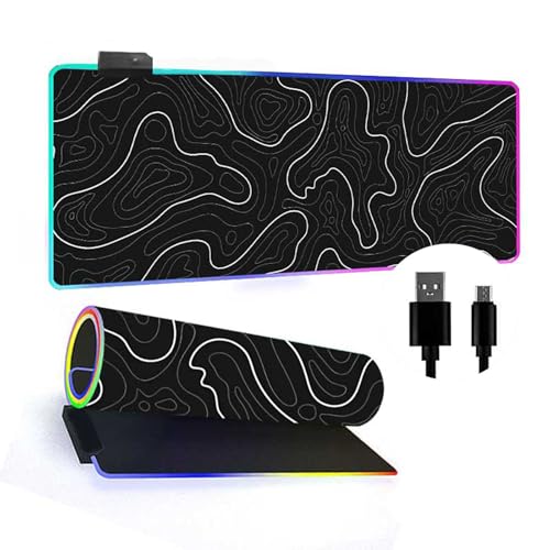 Mateju 3D Einfache Linien RGB Mousepad, rutschfeste Gummibasis Mauspad, Mousepad XXL/XL/l 14 Beleuchtungs Modi und 7 LED Farben, Gaming Mauspad mit Vernähte Kanten (Schwarz,700x300x4mm) von Mateju