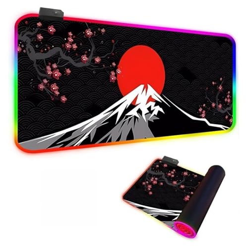 Mateju 3D-Mondmuster RGB Mousepad, rutschfeste Gummibasis Mauspad, Mousepad XXL/XL/l 14 Beleuchtungs Modi und 7 LED Farben, Gaming Mauspad mit Vernähte Kanten (Sakura,900x400x4mm) von Mateju