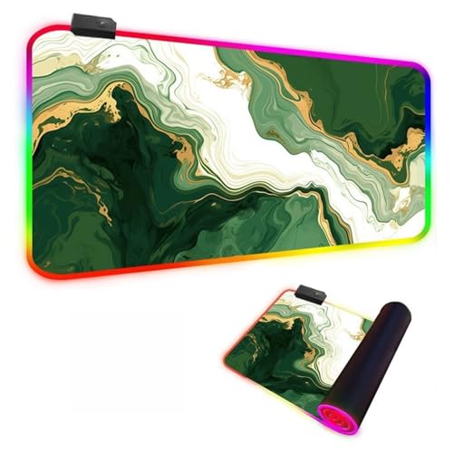 Mateju Grüner Marmor Farbverlauf RGB Mousepad, rutschfeste Gummibasis Mauspad, Mousepad XXL/XL/l 14 Beleuchtungs Modi und 7 LED Farben, Gaming Mauspad mit Vernähte Kanten (Dunkelgrün,800x400x4mm) von Mateju