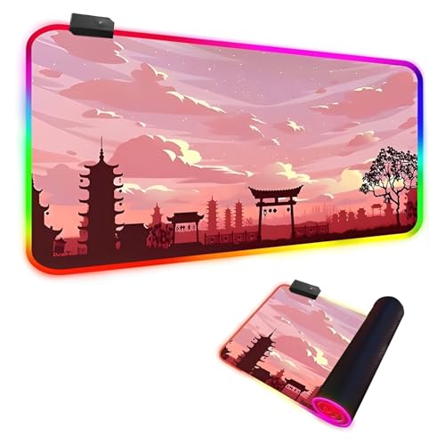 Mateju Japanischer Innenhof RGB Mousepad, Mousepad XXL/XL/L14 Beleuchtungs Modi 7 LED Farben, rutschfeste Gummibasis Mauspad, Gaming Mauspad mit Vernähte Kanten für Tastatur PC (Rot,900x400x4mm) von Mateju