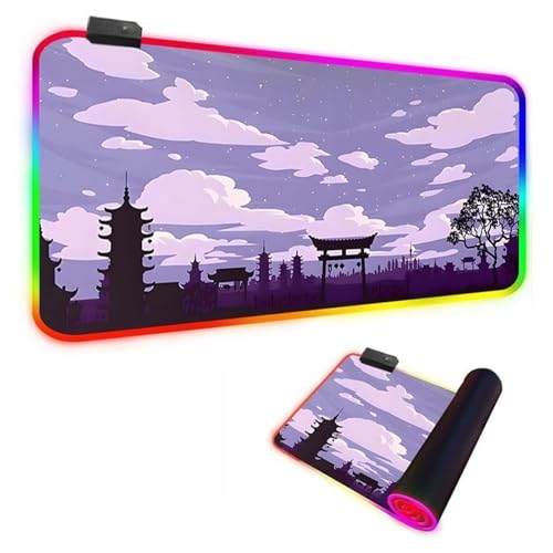 Mateju Japanischer Stil Landschafts RGB Mousepad, rutschfeste Gummibasis Mauspad, Mousepad XXL/XL/l 14 Beleuchtungs Modi und 7 LED Farben, Gaming Mauspad mit Vernähte Kanten (Lila,800x300x4mm) von Mateju