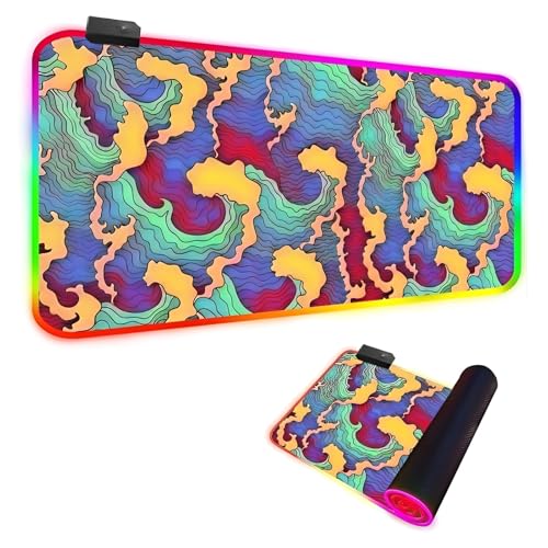 Mateju RGB Mousepad, 3D Abstrakte Wellen Mousepad XXL/XL/L14 Beleuchtungs Modi 7 LED Farben, rutschfeste Gummibasis Mauspad, Gaming Mauspad mit Vernähte Kanten für Tastatur (Bunt,700x300x4mm) von Mateju