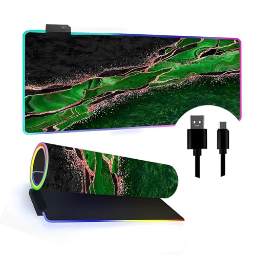 Mateju RGB Mousepad, Dunkler Marmordruck Mousepad XXL/XL/L14 Beleuchtungs Modi 7 LED Farben, rutschfeste Gummibasis Mauspad, Gaming Mauspad mit Vernähte Kanten für Tastatur (Grün 1,800x400x4mm) von Mateju