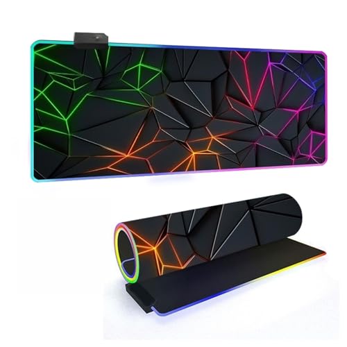 Mateju RGB Mousepad, Festkörpergeometrie rutschfeste Gummibasis Mauspad, Mousepad XXL/XL/L 14 Beleuchtungs Modi 7 LED Farben, Gaming Mauspad mit Vernähte Kanten (Bunt 3,600x300x4mm) von Mateju