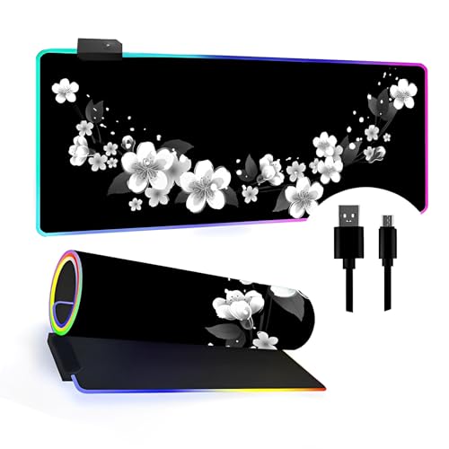 Mateju RGB Mousepad, Retro-Kirschblüte Mousepad XXL/XL/L14 Beleuchtungs Modi 7 LED Farben, rutschfeste Gummibasis Mauspad, Gaming Mauspad mit Vernähte Kanten für Tastatur (Grau,600x300x4mm) von Mateju