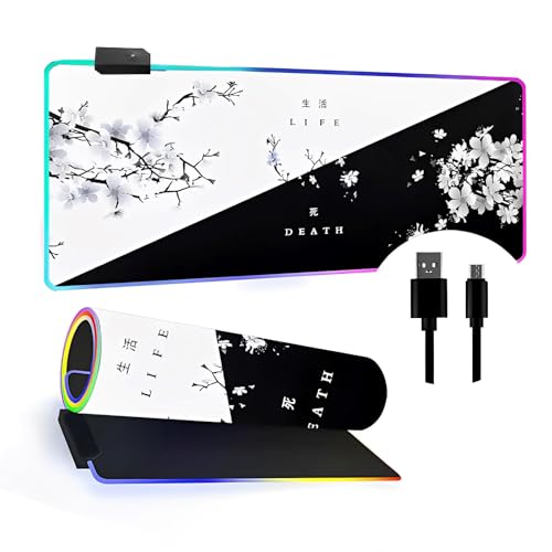 Mateju RGB Mousepad, Retro-Kirschblüte Mousepad XXL/XL/L14 Beleuchtungs Modi 7 LED Farben, rutschfeste Gummibasis Mauspad, Gaming Mauspad mit Vernähte Kanten für Tastatur (Weiß,900x400x4mm) von Mateju