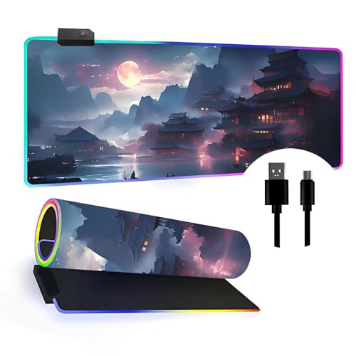 Mateju RGB Mousepad, Retro Village Mousepad XXL/XL/L14 Beleuchtungs Modi 7 LED Farben, rutschfeste Gummibasis Mauspad, Gaming Mauspad mit Vernähte Kanten für Tastatur (Dunkelblau,800x300x4mm) von Mateju