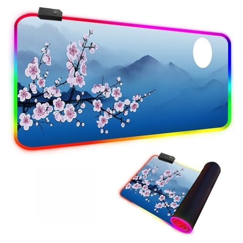 Mateju RGB Mousepad, Sakura-Landschaft rutschfeste Gummibasis Mauspad, Mousepad XXL/XL/l 14 Beleuchtungs Modi und 7 LED Farben, Gaming Mauspad mit Vernähte Kanten (Mond,700x300x4mm) von Mateju