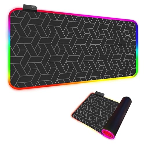 Mateju RGB Mousepad, Schwarze Geometrie Mousepad XXL/XL/L14 Beleuchtungs Modi 7 LED Farben, rutschfeste Gummibasis Mauspad, Gaming Mauspad mit Vernähte Kanten für Tastatur (Schwarz 7,600x300x4mm) von Mateju