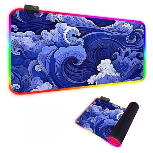 Mateju RGB Mousepad,Japanische Stil Wellentextur rutschfeste Gummibasis Mauspad,Mousepad XXL/XL/l 14 Beleuchtungs Modi und 7 LED Farben,Gaming Mauspad mit Vernähte Kanten (Dunkelblau,800x300x4mm) von Mateju