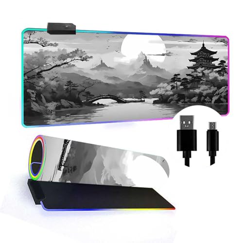 Mateju Retro-Landschaft RGB Mousepad, rutschfeste Gummibasis Mauspad, Mousepad XXL/XL/l 14 Beleuchtungs Modi und 7 LED Farben, Gaming Mauspad mit Vernähte Kanten (Grau,900x400x4mm) von Mateju