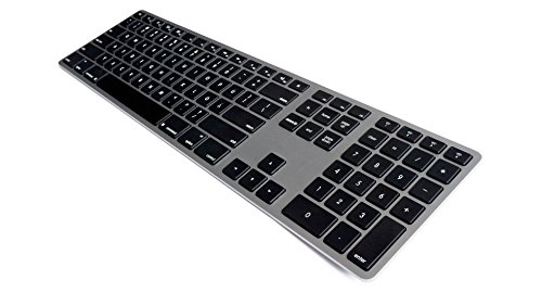 Matias FK418BTLB-DE Aluminum Wireless Tastatur mit Hintergrundbeleuchtung USB Keyboard Bluetooth 4.0 für Apple Mac OS QWERTZ Deutsch mit Flache Tasten und Zusätzlichem Ziffernblock, Space-Grey von Matias