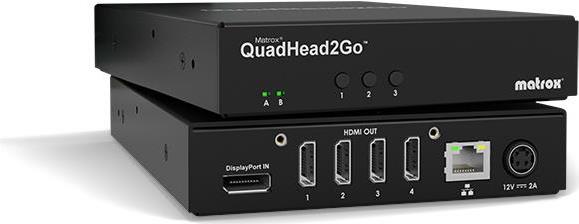 Matrox QuadHead2Go Multi-Monitor Controller Appliance / Q2G-DP4K - Schwarz - Regulatory/environmental compliance: EMC Class A: FCC - CE - KC - RCM - VCCI - Metall - 1000 Mbit/s - 10/100Base-T(X) - 1 GB (Q2G-DP4K) von Matrox