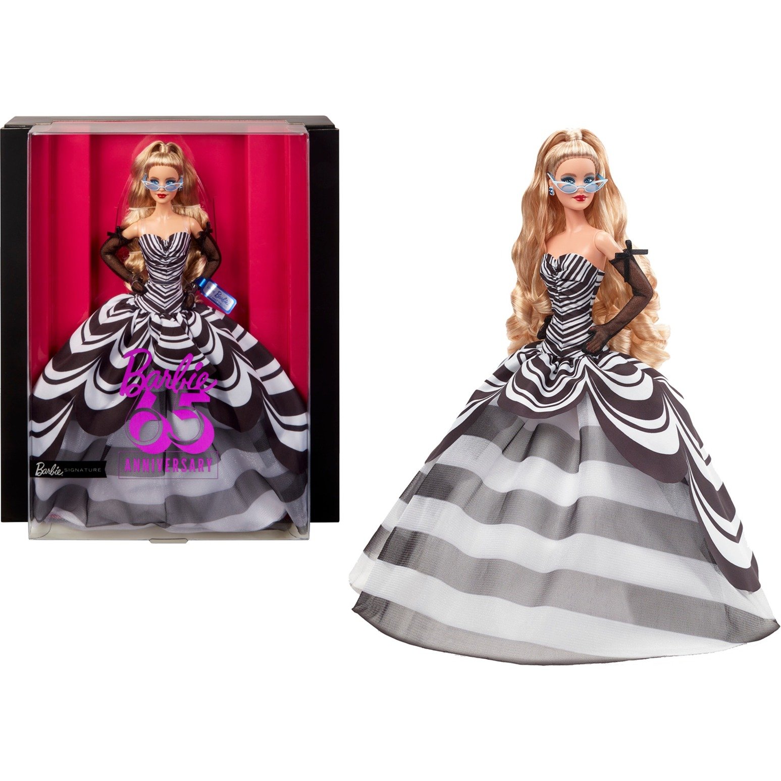 Barbie Signature Sammelpuppe zum 65. Jubiläum mit blonden Haaren und schwarz-weißer Robe von Mattel