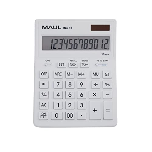 MAUL Kaufmännischer Taschenrechner MXL12 | 12 Stellen | inkl. Steuerberechnung | angewinkeltes Display |großer Profi-Tischrechner | Solarbetrieben | inklusive Batterie | 20,5 x 15,5 cm | Weiß von Maul