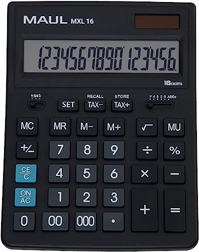 MAUL Kaufmännischer Taschenrechner MXL16, mit 16 Stellen, inkl. Steuerberechnung, groß: 20, 5x15, 5 cm, angewinkeltes Display, Profi-Tischrechner, Solar/Batterie, Schwarz von Maul