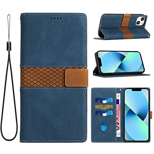 Matte Lederhülle iPhone 14 Hülle Brieftasche mit Kartenhalter Kickstand, Mavis's Diary Luxus Gittermuster Magnetisches Folio Herren Damen Vintage Schutzhülle Handyhülle für iPhone 14 (blau) von Mavis's Diary