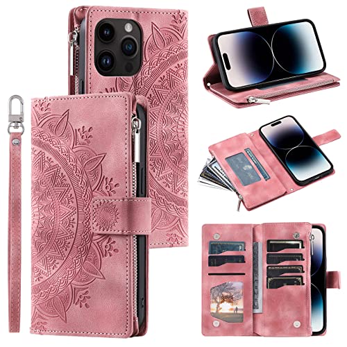 Mavis's Diary Kompatibel mit iPhone 13 Pro Max Hülle Brieftasche für Frauen, Mandala Floral Prägung PU Leder Folio Reißverschluss Cover Magnetische Flip Book Case mit Kartenhalter Handschlaufe (Pink) von Mavis's Diary