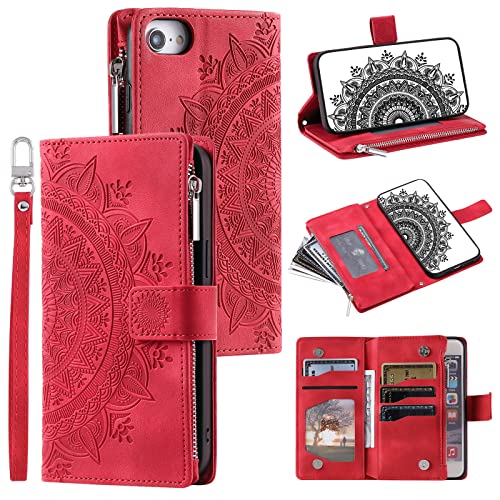 Mavis's Diary Schutzhülle für Damen, kompatibel mit iPhone 8, 7, SE2, SE3, Mandala-Blumenprägung, PU-Leder, Folio-Reißverschluss, Magnet-Klapphülle mit Kartenhalter, Handschlaufe, Rot von Mavis's Diary