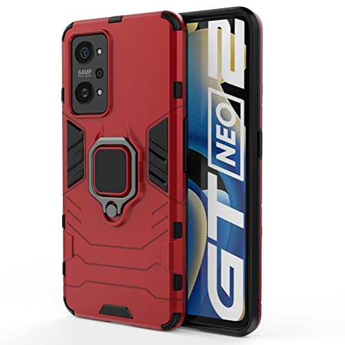 Max Power Digital Hülle für Realme GT Neo 2 Drehbar Ringhalter Cover Magnet Bumper Handyhülle Case Stoßfest Doppelschichter Schutzhülle Outdoor Shock Absorption Mit Ring (Realme GT Neo 2, Rot) von Max Power Digital